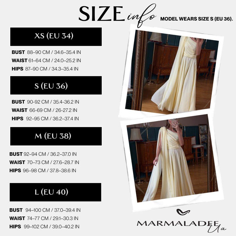 May include: A pale yellow, one-shoulder formal gown with a flowing skirt. The image includes size information with bust, waist, and hip measurements in inches and centimeters. The text reads "SIZE info" and "MODEL WEARS SIZE S (EU 36)."