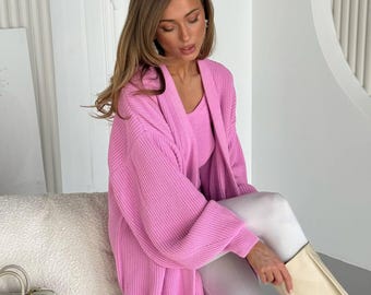 Pink Knitted Cardigan Set, Soft Chunky Long Oversized Sweater With Matching Top, Elegant Boho Knitwear For Women, Cozy Handmade Gift