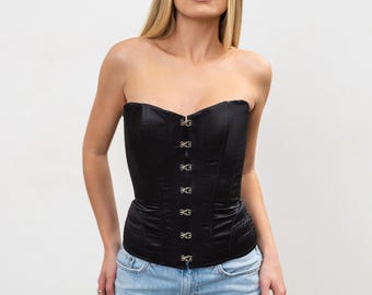 Svart satinkorsetttopp, snörning med bustier, axelbandslös livstycke från Y2K Streetwear, gotisk topp med hak framtill, viktoriansk kvällstopp