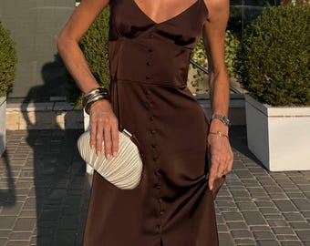 Chocolate Brown Satin Midi Dress, Button Front Slit, Bustier Spaghetti Strap Sundress, Espresso Corset