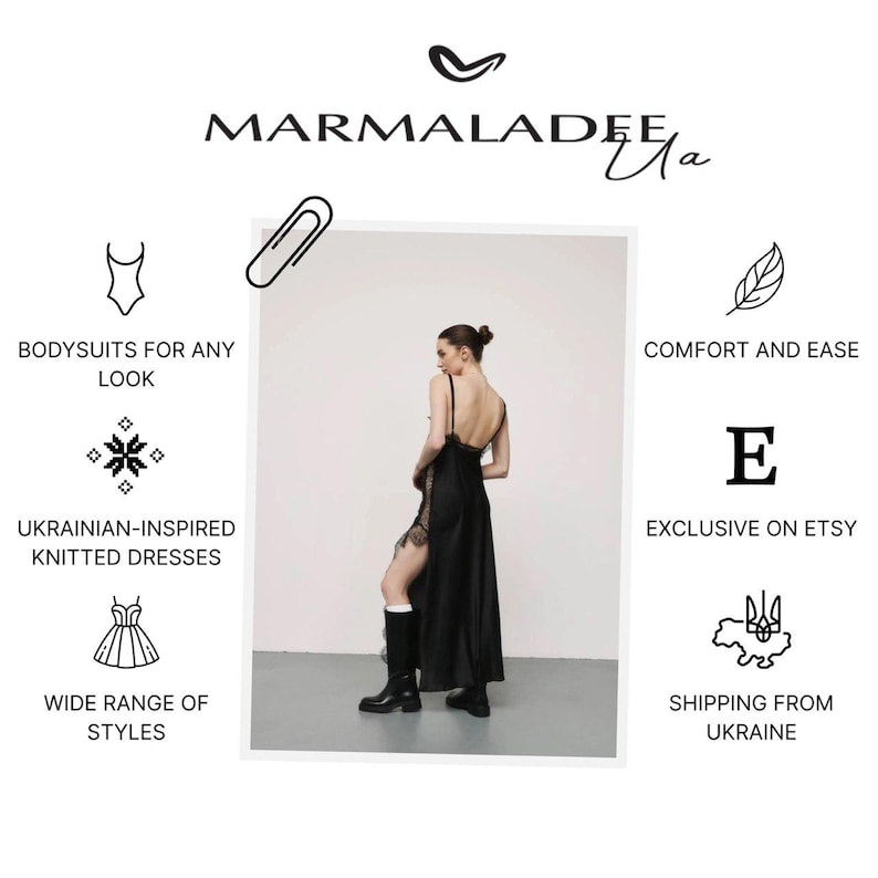 May include: A black satin dress with lace detailing and a high slit is featured in this image. The dress is part of a collection that includes bodysuits and Ukrainian-inspired knitted dresses. The brand name "MARMALADEE" is displayed at the top.