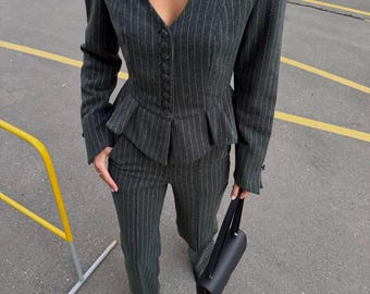 Women’s Pinstripe Pantsuit, Elegant Peplum Blazer with Wide Leg Trousers, Tailored Two Piece Set, Chic Business Formal Outfit