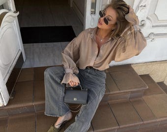 Beige Long Sleeve Blouse, Oversized Elegant Shirt for Women, Minimalist Relaxed Fit Top, Chic Peasant Tunic, Gift for Her