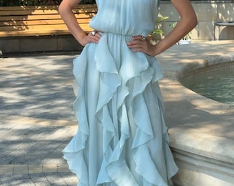 Sage Green Halter Maxi Dress with Cascading Ruffles, Flowy Shimmer High Neck Wedding Guest and Bridesmaid Gown