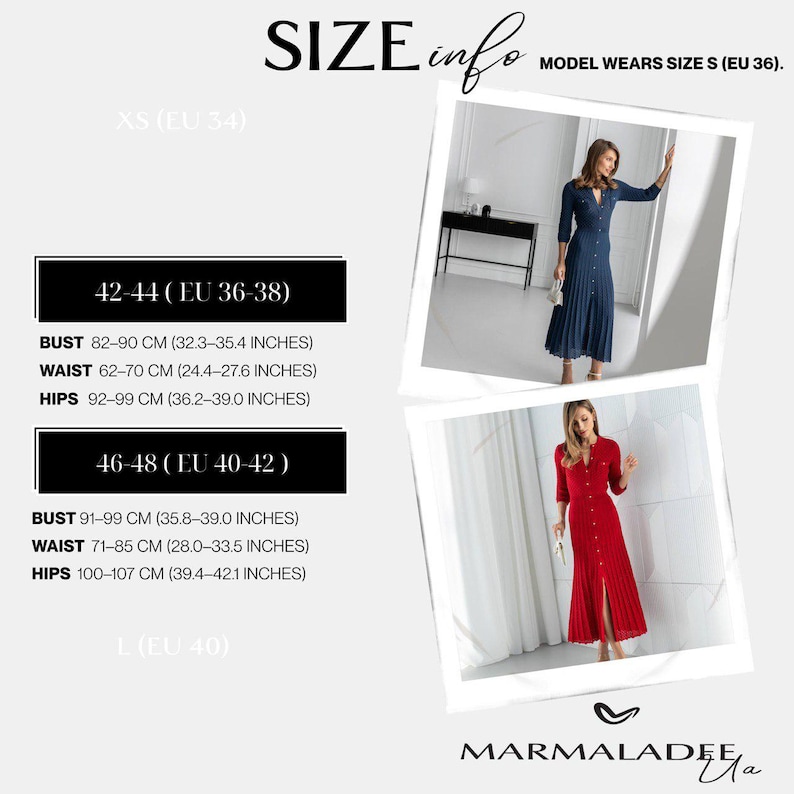 May include: Size information graphic with measurements in inches and centimeters. The text includes bust, waist, and hip measurements for sizes 42-44 (EU 36-38) and 46-48 (EU 40-42). Two women are wearing long dresses, one blue and one red.