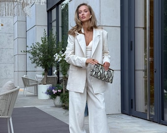 Oatmeal Linen Suit Women, Beige Blazer and Cream Wide Leg Trousers Set, Neutral 2 Piece Outfit, Natural Loose Clothes