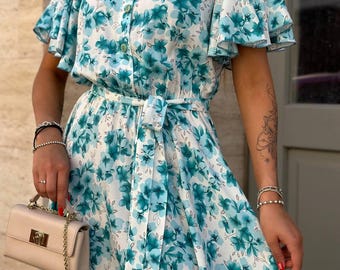 Einfaches blaues Midikleid mit Blumenmuster, leichtes Sommersommerkleid, Cottagecore Boho-Look, schönes Geschenk für Frauen, Urlaub und tägliche Abnutzung