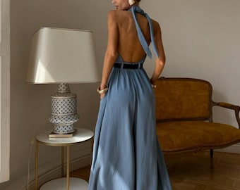 Dusty Blue Halter Jumpsuit, Crinkle Plisse Palazzo Romper, Open Back Multiway Overall, Minimalist Cruise Wear, Modern Bridesmaid Outfit