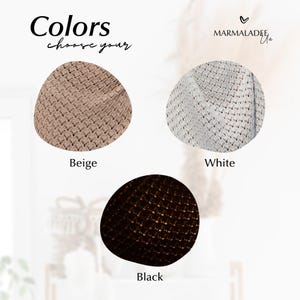 May include: An image showcasing three crocheted hats in beige, white, and black. The text "Colors choose your" is at the top, with the brand logo "MARMALADEE" in the upper right corner. Each hat is labeled with its respective color.