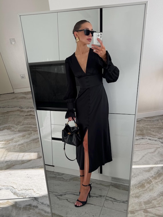 Black Satin Midi Dress, Elegant Wrap Dress for Women, Long Sleeve Cocktail Dress, Silk Evening Dress, Perfect Party or Prom Outfit