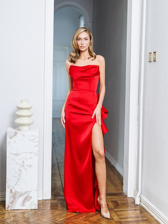 red satin cowl neck prom dress Red Shiny Satin Cowl Neck Mermaid Long Prom Dress