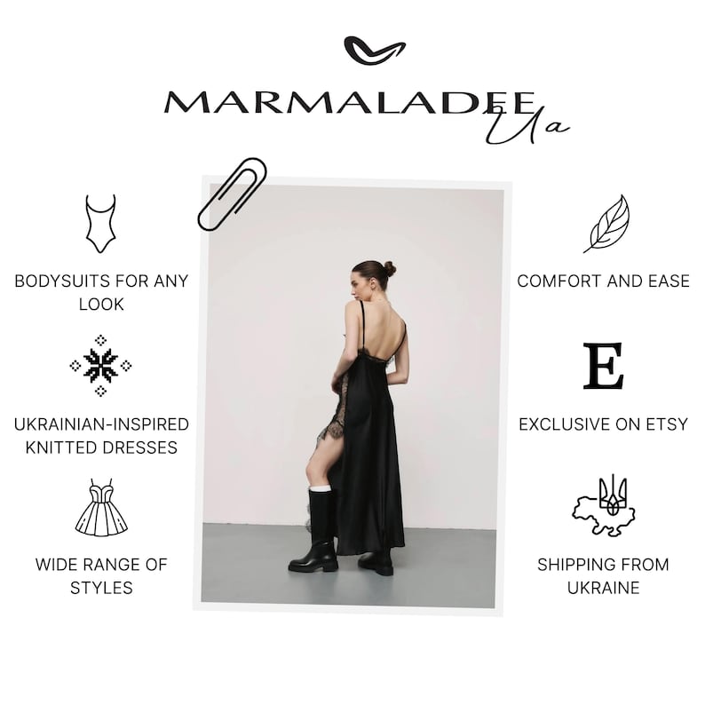 May include: A woman wearing a black satin maxi dress with lace detailing and a high slit. The dress has spaghetti straps and is paired with black boots. The image includes the text "MARMALADEE" and "BODYSUITS FOR ANY LOOK".