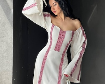 White Linen Vyshyvanka Dress, Ukrainian Ethno Maxi Dress, Red Embroidery, Off the Shoulder Boho Dress with Slit, Slavic Folk Wedding Gown