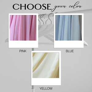 May include: The image showcases fabric swatches in pink, blue, and yellow, each displayed within a white-framed Polaroid-style photo. The text "CHOOSE your color" is written in a stylish font above the swatches, inviting the viewer to select their preferred hue.
