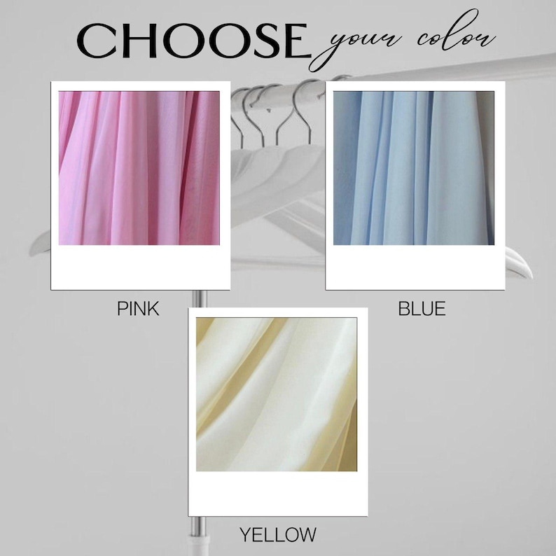 May include: The image showcases fabric swatches in pink, blue, and yellow, each displayed within a white-framed Polaroid-style photo. The text "CHOOSE your color" is written in a stylish font above the swatches, inviting the viewer to select their preferred hue.