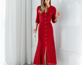 Red Knit Midi Dress Elegant Button Front Cotton Shirt Dress Long Sleeve Textured Pleated Skirt Party Casual Outfit