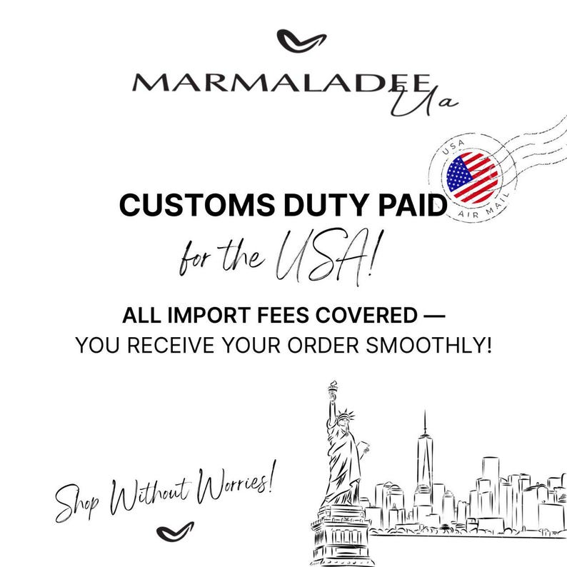 Puede incluir: Gr&aacute;fico blanco con el texto "CUSTOMS DUTY PAID for the USA!" y "ALL IMPORT FEES COVERED - YOU RECEIVE YOUR ORDER SMOOTHLY!". Incluye un dibujo de la Estatua de la Libertad y el horizonte de Nueva York.