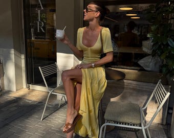 100% Cotton Yellow Maxi Dress with Slit, Low Cut Short Sleeve Summer Dress, Fitted Pure Cotton Pastel Yellow Long Casual Dress