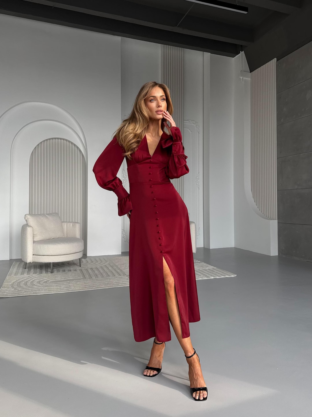 Satin Wrap Midi Dress, Elegant Long Sleeve Dress, Burgundy Cocktail Dress, Beautiful Silk Party Dress, Evening or Wedding Guest Outfit