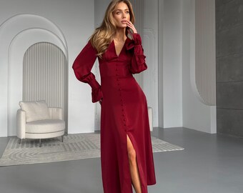 Satin Wrap Midi Dress, Elegant Long Sleeve Dress, Burgundy Cocktail Dress, Beautiful Silk Party Dress, Evening Or Wedding Guest Outfit