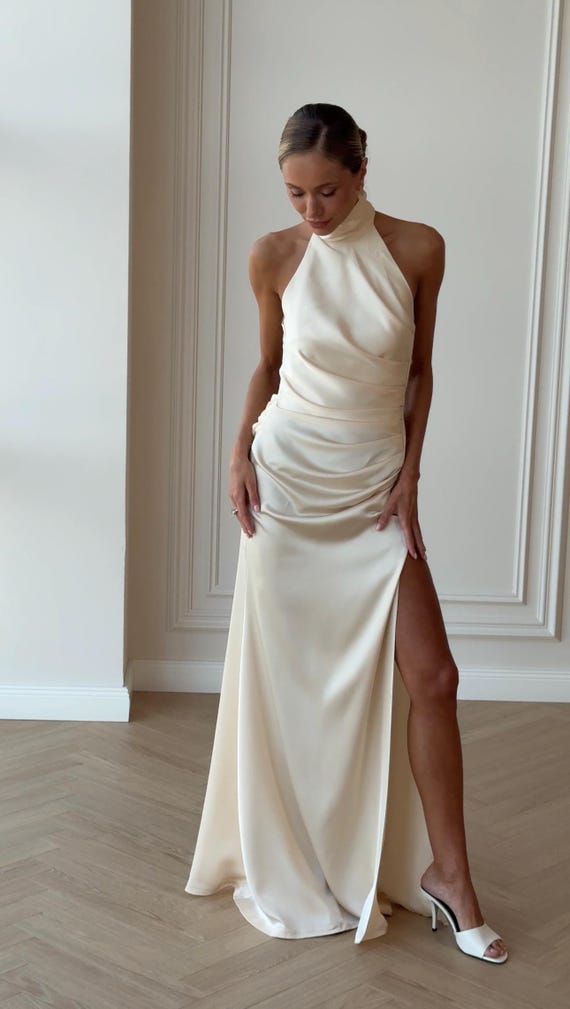backless champagne satin dress Quiet Luxury Champagne Satin Dress, Halter Backless Gown with Buttons, Premium Royal Satin Maxi with Slit, Formal Wedding Guest Dress