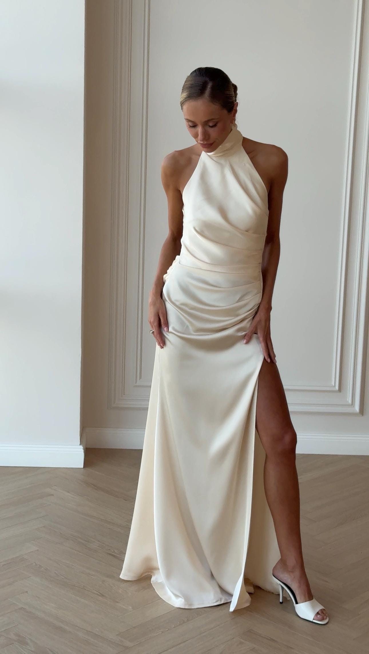 Champagne Satin Halter Dress - Etsy