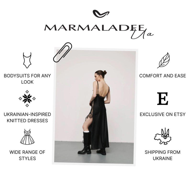 Puede incluir: Se muestra un vestido de sat&eacute;n negro con detalles de encaje y una abertura alta. La imagen tambi&eacute;n destaca bodies y vestidos de punto de inspiraci&oacute;n ucraniana. La marca "MARMALADEE" se muestra en la parte superior.