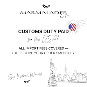 May include: White graphic with the text "CUSTOMS DUTY PAID for the USA!" and "ALL IMPORT FEES COVERED - YOU RECEIVE YOUR ORDER SMOOTHLY!" Includes a USA postage stamp graphic and a line drawing of the Statue of Liberty and NYC skyline.