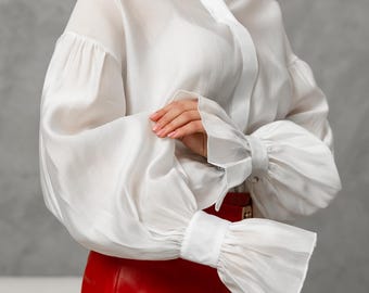White Ruffle Blouse for Women, Elegant Long Sleeve Shirt, Minimalist Oversized Top, Classy Victorian Style Blouse, Relaxed Fit Tunic