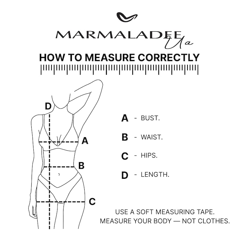 May include: A diagram illustrating how to measure the bust, waist, hips, and length for clothing. The image includes a line drawing of a person wearing a bra and underwear, with measurement lines and text instructions. The brand name "MARMALADEE" is at the top.