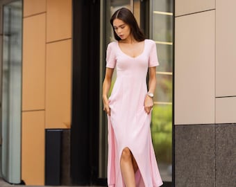 Pink 100% Cotton Maxi Dress with Slit, Pure Cotton Knit Summer Dress, Scoop Neck Short Sleeve Light Pink Long Casual Sundress