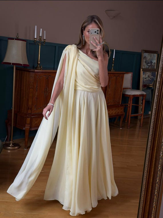 One Shoulder Chiffon Maxi Dress Grecian Style Gown Pale Yellow Goddess Style Flowy Minimalist Wedding Guest Dress Ethereal Evening Gown