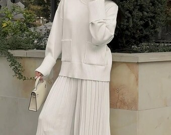 Knitted Two Piece Set, White Women’s Ribbed Sweater And Skirt Outfit, Cozy Oversized Loungewear, Handmade Vintage Suit Gift