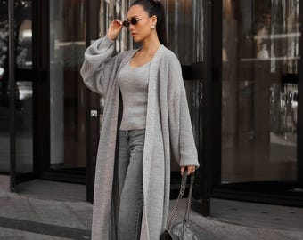 Cárdigan gris de punto, suéter largo oversize con top a juego, elegante conjunto de punto para mujer, regalo hecho a mano para ella