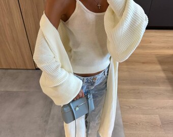 White Knit Cardigan and Crop Top Set Long Maxi Duster Open Front Cream Sweater Two Piece Outfit Matching Loungewear Cute Women Gift