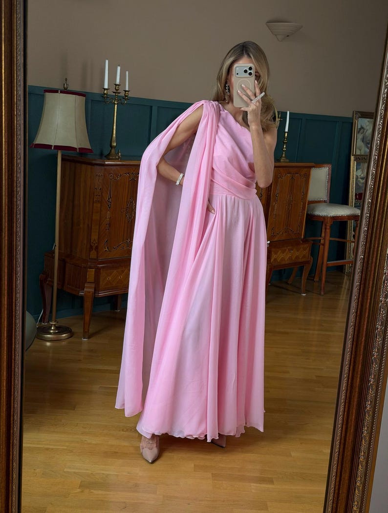 One Shoulder Chiffon Maxi Dress Grecian Style Gown Pale Yellow Goddess Style Flowy Minimalist Wedding Guest Dress Ethereal Evening Gown image 14