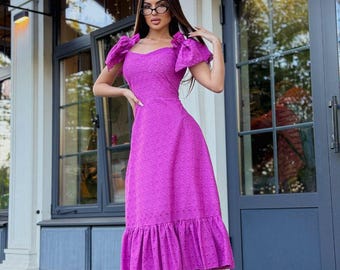Purple Stitching Midi Dress For Women, Romantic Sleeveless Outfit, Ruffle Hem Design, Summer Party Look, Lightweight And Flowy Fit