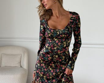 Dark Floral Mini Dress with Long Sleeves, Scoop Neck Bodycon Dress, Romantic Date Night Dress, Black Floral Party Mini Dress