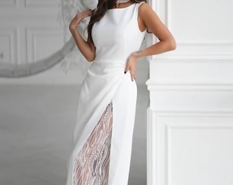 Elegant White Lace Dress – Long Evening Gown For Women, Bridesmaid Or Wedding Guest Dress, Sleeveless Formal Cocktail Party Outfit