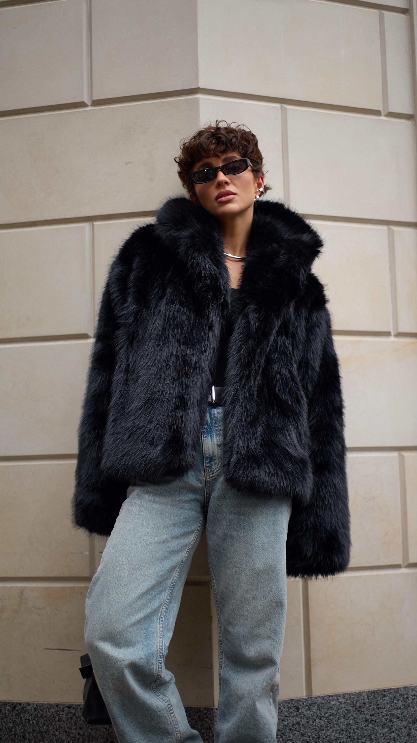 Black Faux Fur Coat for Women, Luxury Vegan Fur, Short Soft Eco 