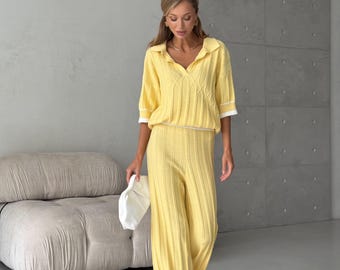 Yellow Knit Set Women, Cotton Matching Set, Polo Sweater and Wide Leg Pants, Soft Viscose Knit, Resort Vacation Outfit