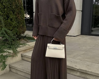 Brown Knit Set, Ribbed Two Piece Sweater And Skirt Outfit, Oversized Knitted Suit For Women, Cozy Loungewear Gift For Her