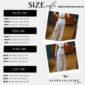 May include: White floral lace pants and crop top outfit. The size chart provides measurements in both centimeters and inches for XS (EU 34) to L (EU 40). The model wears size S (EU 36). The brand name is Marmalade.