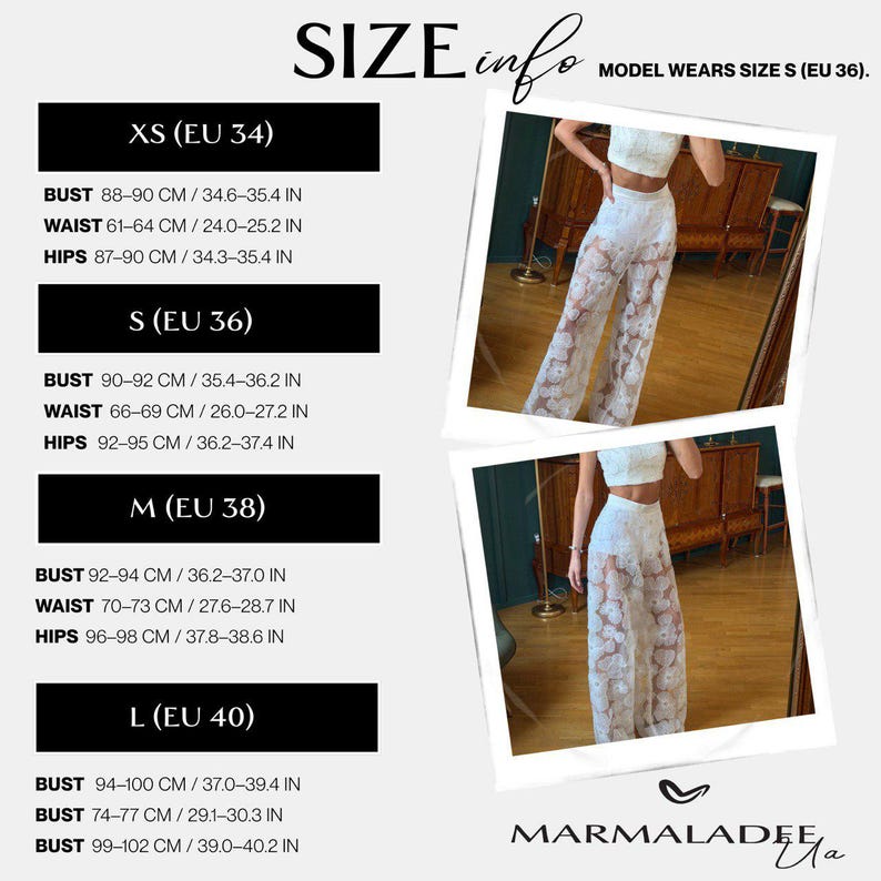 May include: White floral lace pants and crop top outfit. The size chart provides measurements in both centimeters and inches for XS (EU 34) to L (EU 40). The model wears size S (EU 36). The brand name is Marmalade.