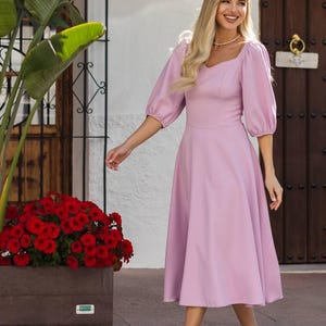 Light Pink Midi Dress With Puff Sleeves, Elegant Fit And Flare Cocktail Dress, Feminine Suit Fabric Dress For Wedding Guest Or Special Event