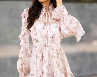 Floral Ruffle Mini Dress Boho Long Sleeve Romantic Tencel Cottagecore Western Coquette Outfit