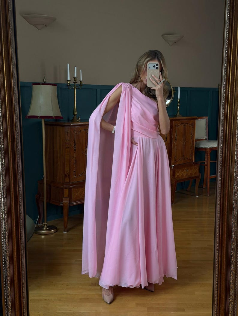 One Shoulder Chiffon Maxi Dress Grecian Style Gown Pale Yellow Goddess Style Flowy Minimalist Wedding Guest Dress Ethereal Evening Gown Pink