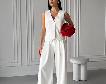 Conjunto de pantalón blanco para mujer, traje de pantalón nupcial, atuendo para boda civil, conjunto de chaleco blanco, atuendo de clase alta, conjunto de pantalón de pierna ancha
