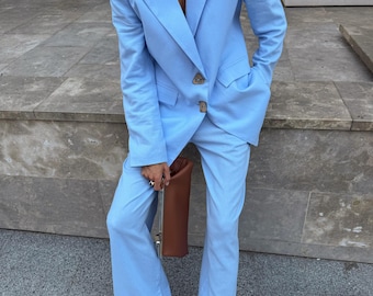 Blue Linen Suit Women, Oversized Blazer and Wide Leg Pants Set, Sky 2 Piece Summer Outfit, Chic Loose Clothing