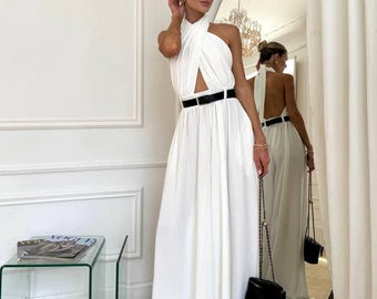 Mono de novia blanco, mono de pierna ancha, mono de boda con espalda descubierta, atuendo para boda civil, mono de novia para la playa, atuendo para la recepción.